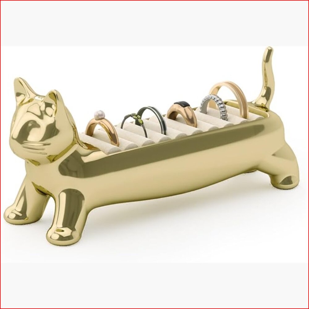 Metal Cat Ring Holder with Velvet Padding Holds 10 Rings